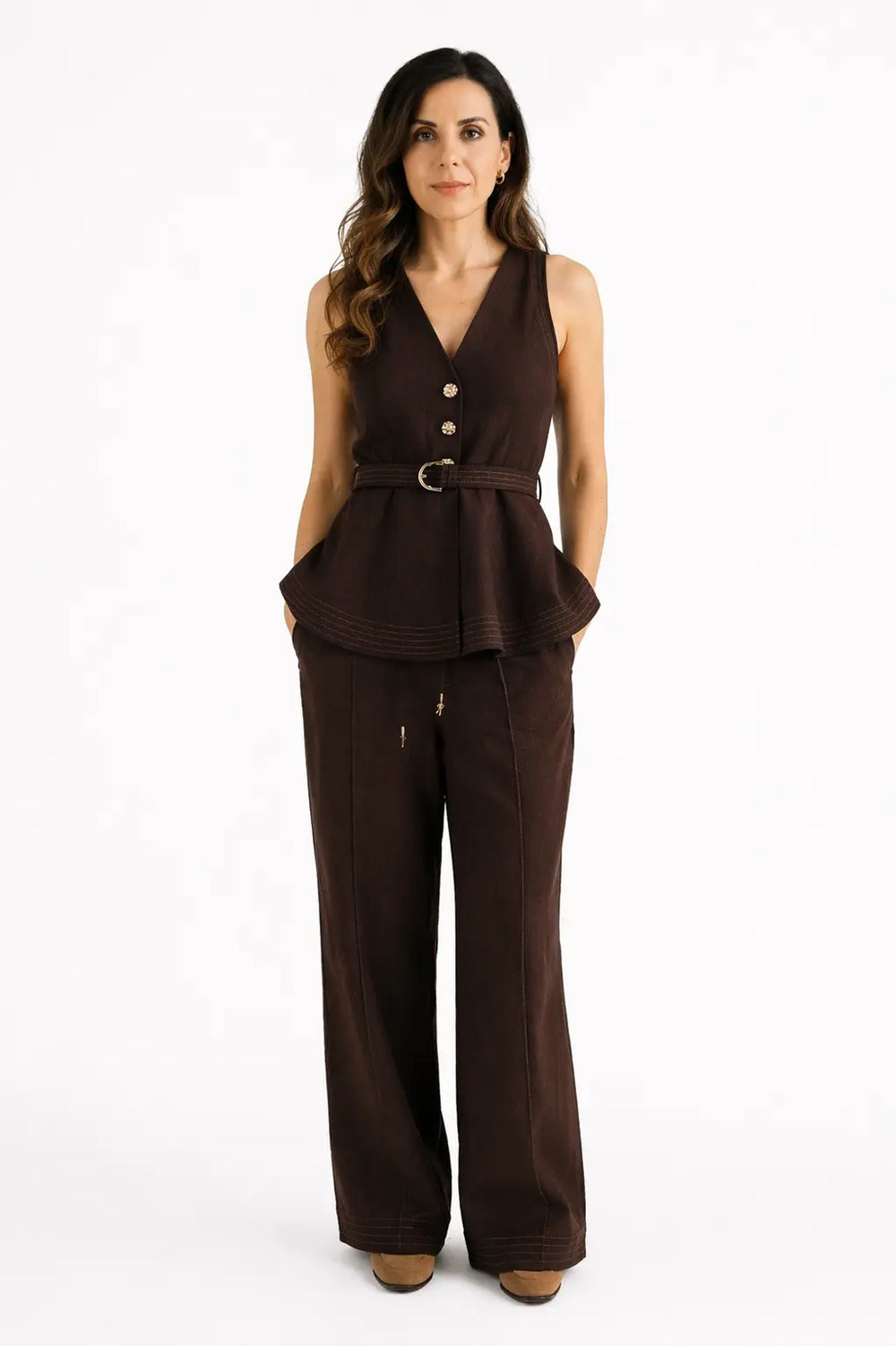 BROWN LINEN BLEND TAILORED CO-ORD SET