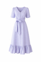 Lavender dress with a belt on a white background