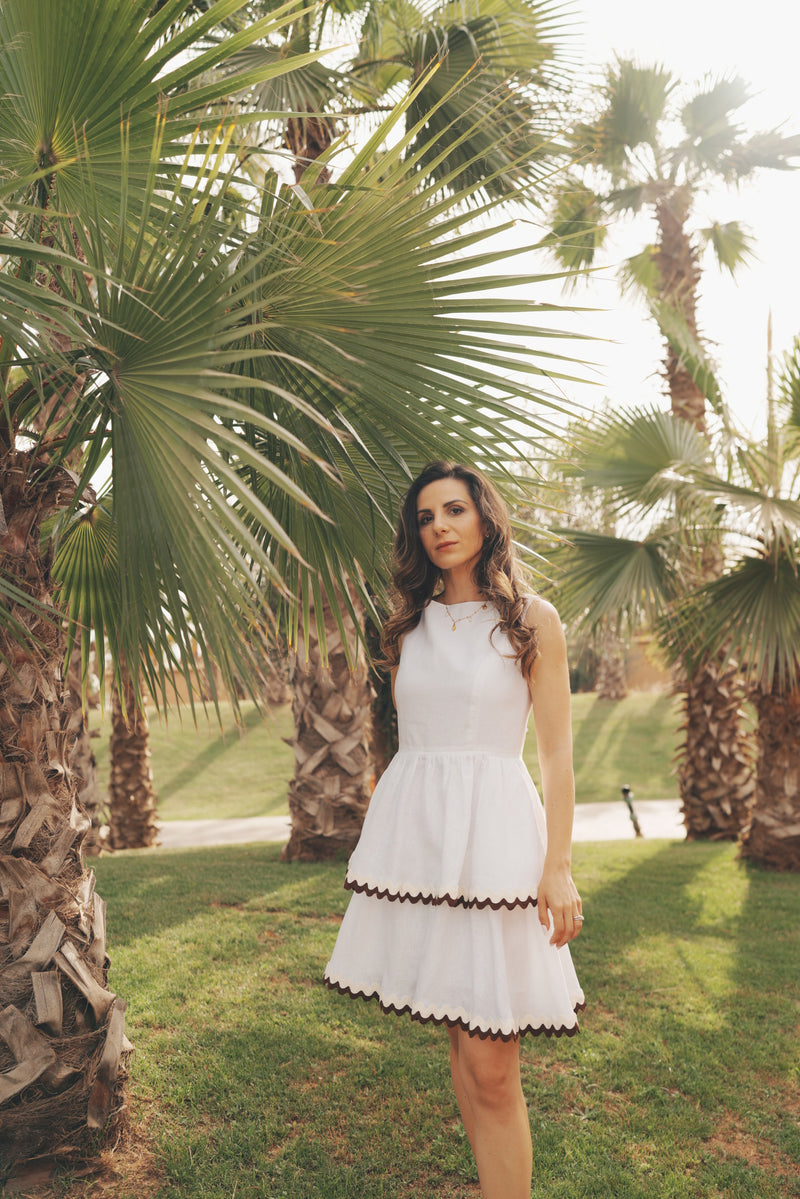 WHITE LINEN SCALLOPED TIERED MINI DRESS