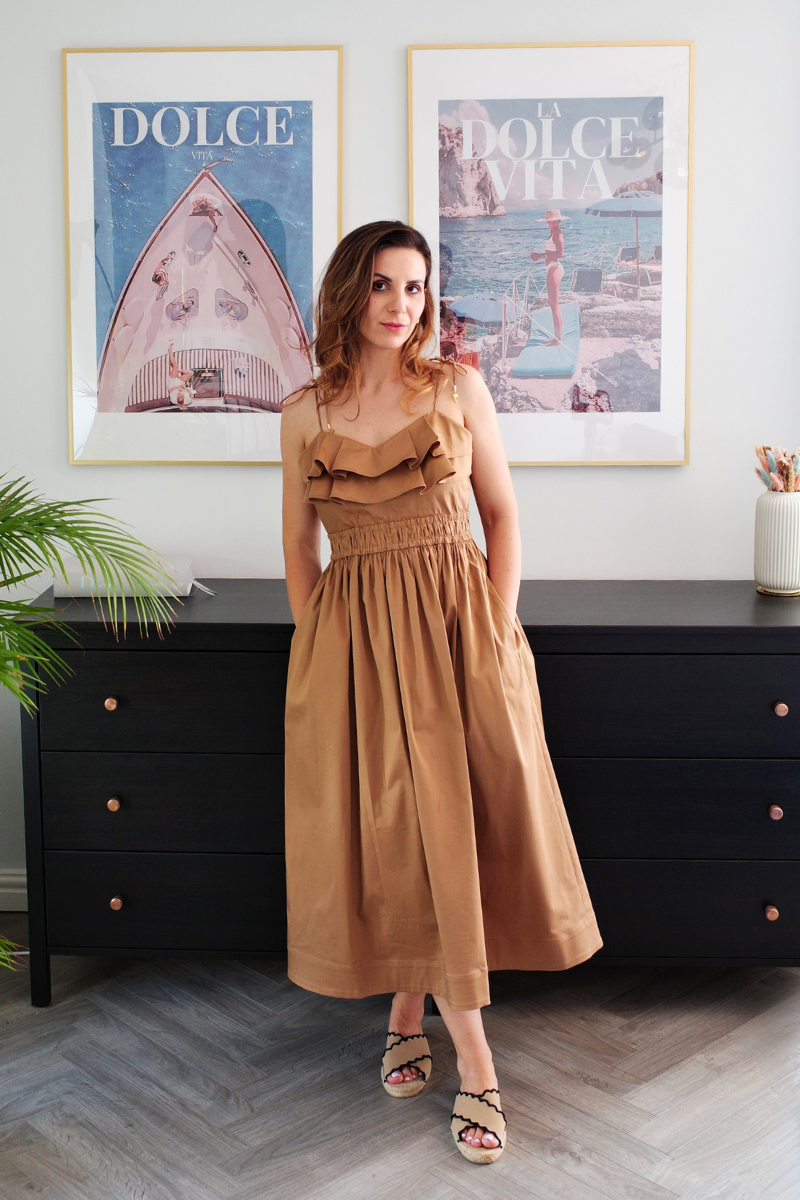 Model wearing a Summer Maxi Dress - Alma, showcasing its sustainable design and stylish pockets.