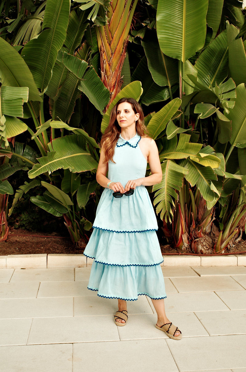 BLUE LINEN TIERED MIDI SUMMER DRESS