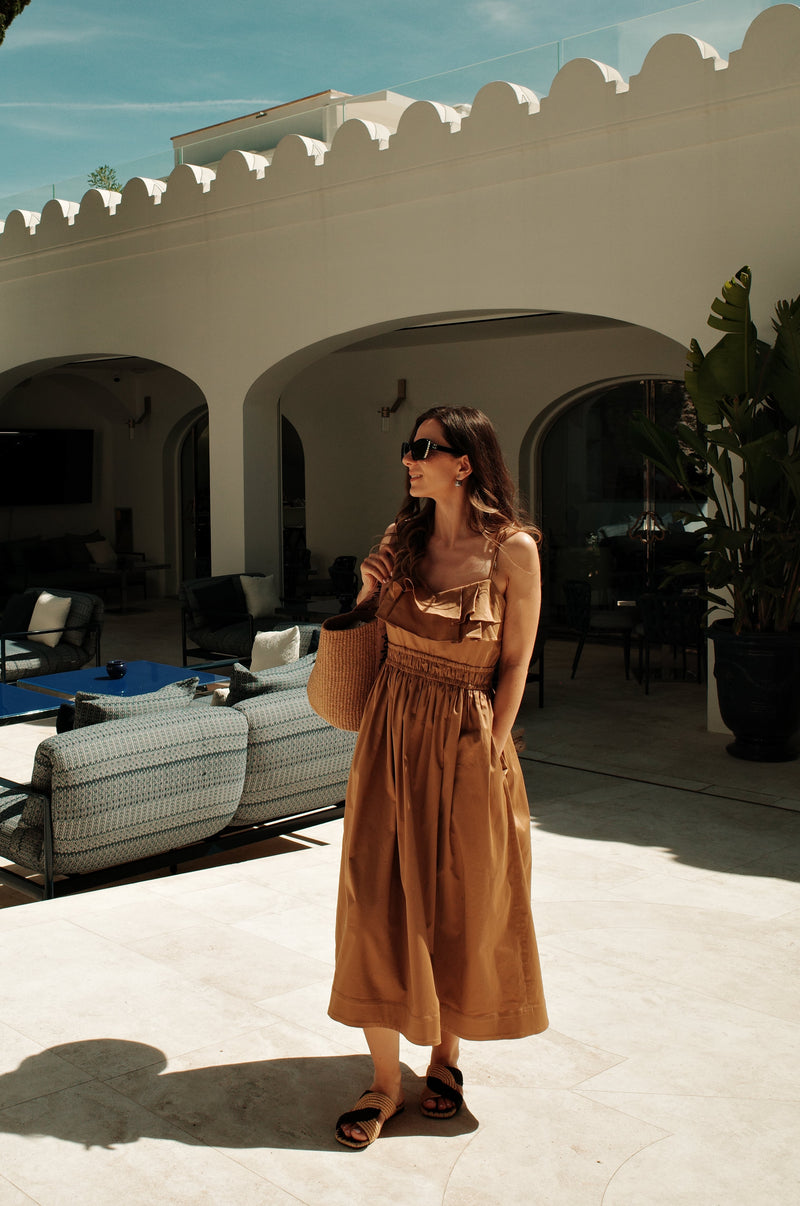 CARAMEL COTTON GATHERED RUFFLE MIDI DRESS
