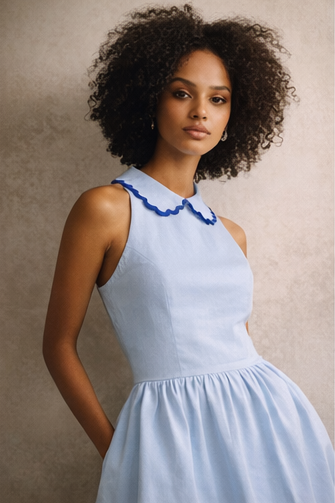 Woman wearing a light blue dress with a blue neckline against a neutral background
