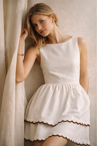 Woman wearing a white dress with scalloped hem against a neutral background
