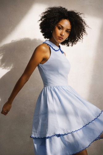 Woman wearing a light blue dress with white background