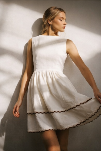 Woman wearing a white dress with scalloped hem against a neutral background