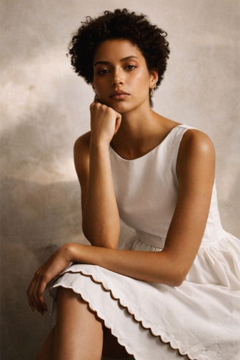 Woman in a white dress sitting against a neutral background